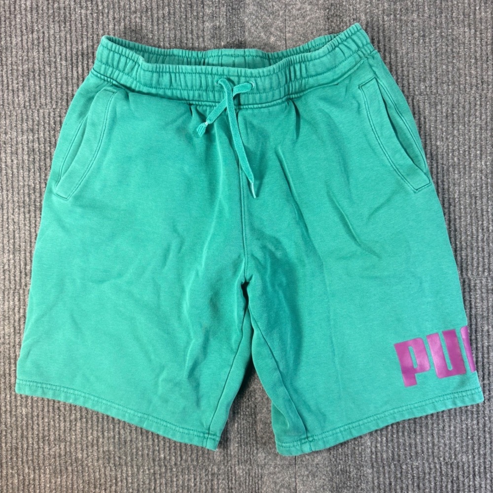 Puma Mens Teal Green Fleece Sweat Shorts Purple Logo Drawstring Size S